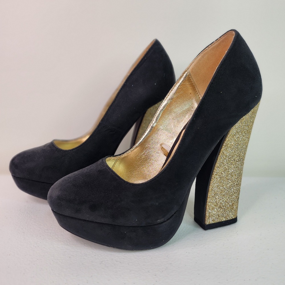 Chunky Whimsigoth Black Gold Glitter Heels 6 Bratz Closed Toe Platform 5" Heel